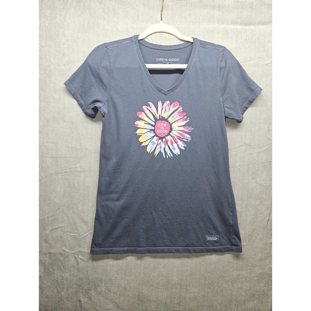 Life Is Good Crusher Lite Gray T-Shirt Womens Size Small Flower V-Neck Casual
